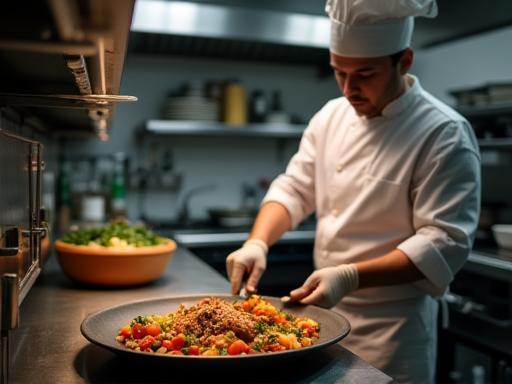 Chef preparing a dish in a professional kitchen