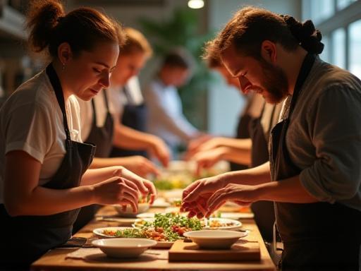 Enthusiastic participants learning in a cooking class