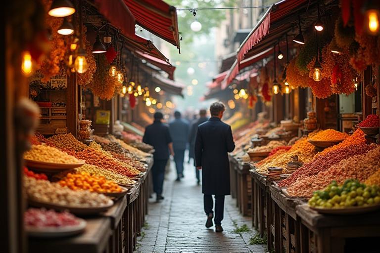 A vibrant market scene showcasing culinary tourism